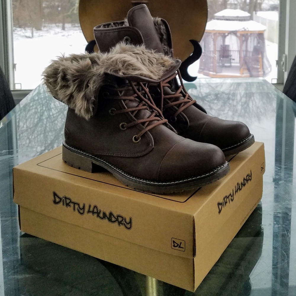 Dirty Laundry Ridgway Faux Fur Lace Up Brown Vegan Leather Combat Boots